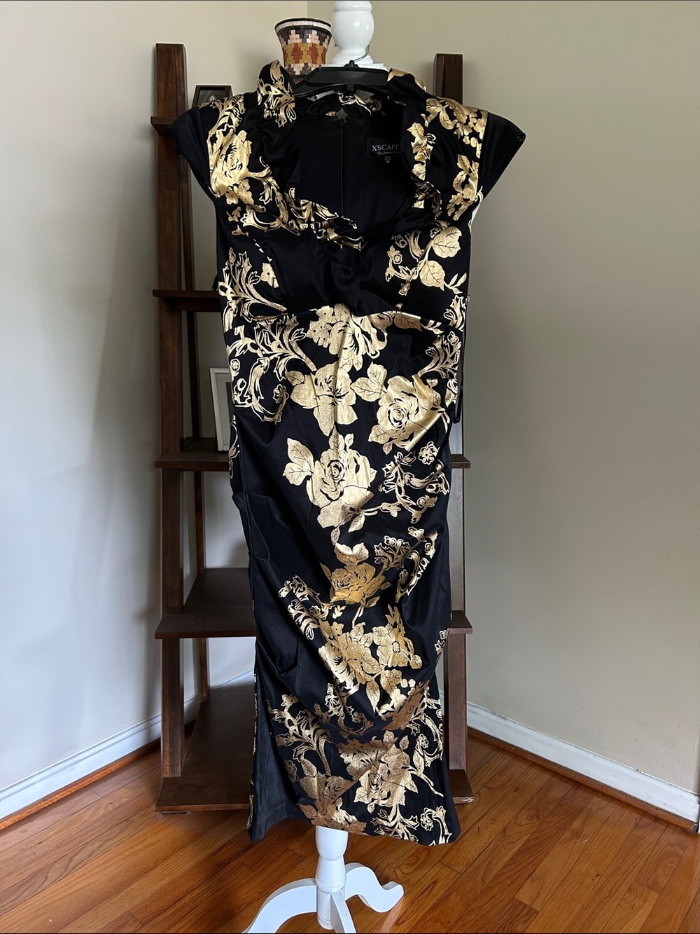 Xscape Black and Gold Foil Floral Dress